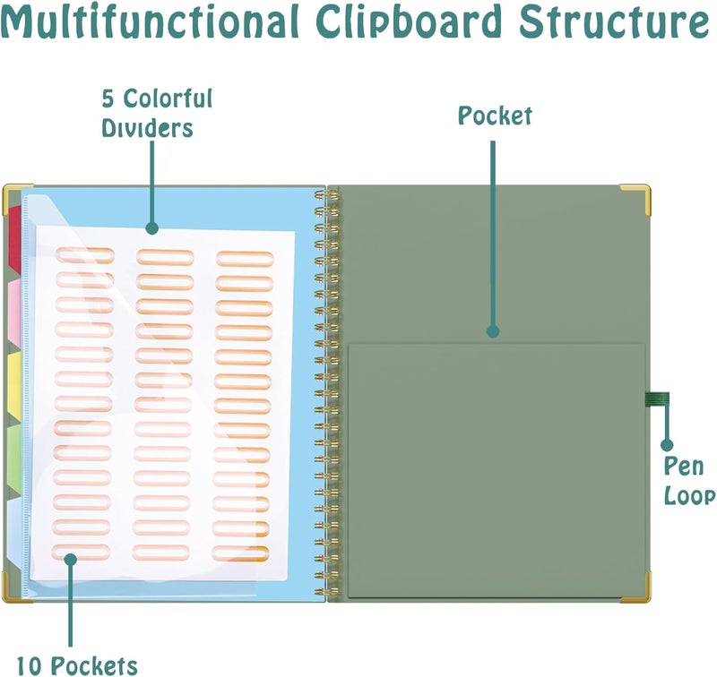Hautoco Clipboard Folder with Replaceable Lined Notepad, Spiral Clipboard A4 with 5 Folder Dividers Storage Pockets, Nurse Pad Portfolio Organiser A4 Folio Clip Board for Office School, Green - Image 4