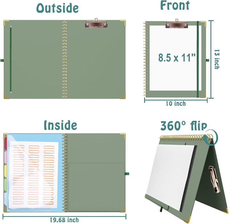 Hautoco Clipboard Folder with Replaceable Lined Notepad, Spiral Clipboard A4 with 5 Folder Dividers Storage Pockets, Nurse Pad Portfolio Organiser A4 Folio Clip Board for Office School, Green - Image 2