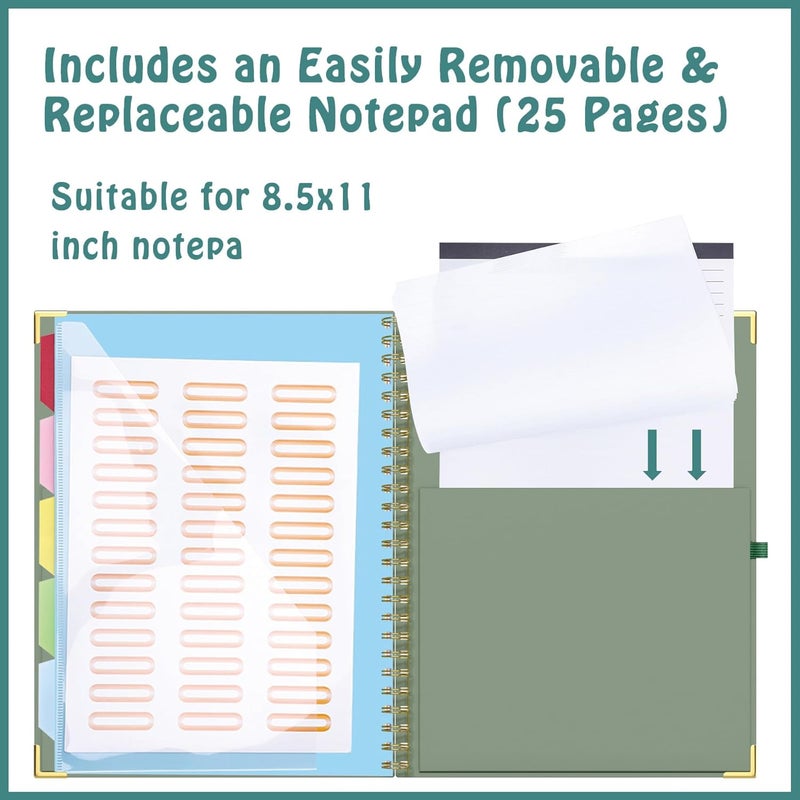 Hautoco Clipboard Folder with Replaceable Lined Notepad, Spiral Clipboard A4 with 5 Folder Dividers Storage Pockets, Nurse Pad Portfolio Organiser A4 Folio Clip Board for Office School, Green - Image 3