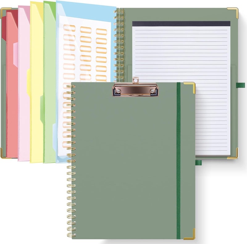 Hautoco Clipboard Folder with Replaceable Lined Notepad, Spiral Clipboard A4 with 5 Folder Dividers Storage Pockets, Nurse Pad Portfolio Organiser A4 Folio Clip Board for Office School, Green - Image 1