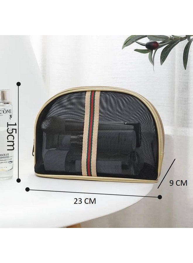 BLUE BEADS Black Semi Circle Transparent Mesh Makeup Bag Large Portable Cosmetic Bag Women Travel Toiletry Bag Organizer Bag For Men And Women, 9 Cm Width - Image 4