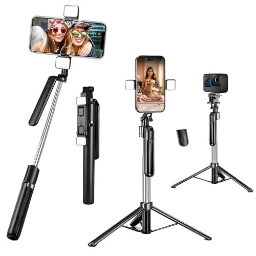 Kratos Selfie Stick Tripod with Dual Light 67 inch/1.7 M, 360° Rotation Handle for Anti Shake Shooting, Multifunctional Bluetooth Tripod for Mobile Phone Vlogging, Live Stream and Travel - Image 1