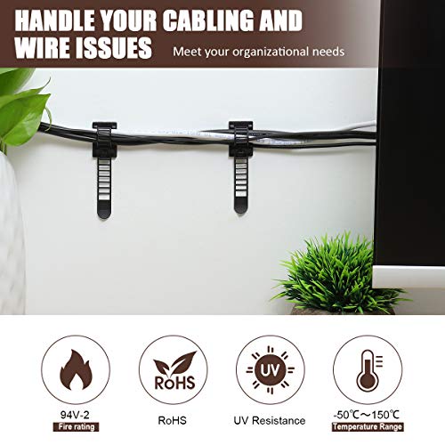 VAMRONE 50Pcs Adjustable Adhesive Cable Management Clips, Nylon Cable Strap Ties Wire Clips Clamps Organizer with Strong Adhesive Tape, Extra Screw & Hole for Strong Fixation Home Office - 3.35 Inch Black - Image 2
