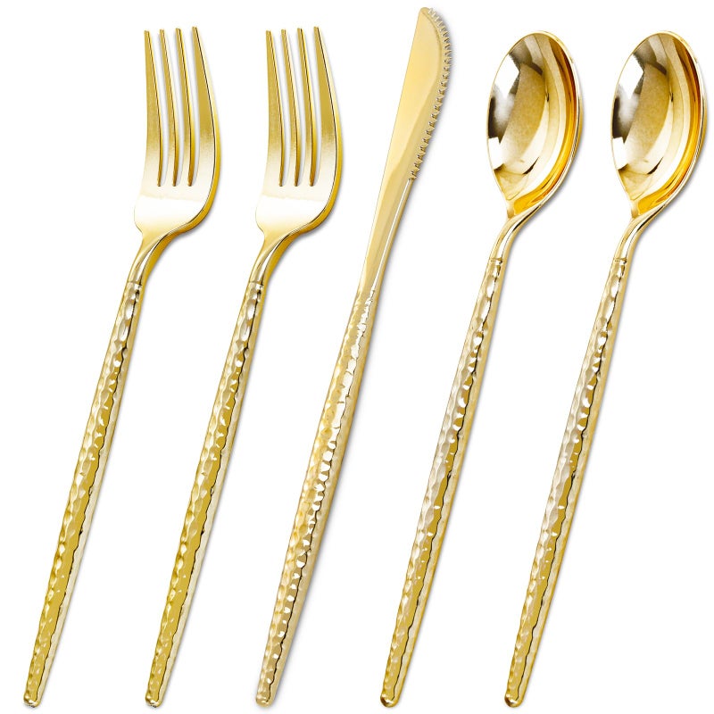 Rubtlamp 180 Pcs Gold Plastic Silverware - Disposable Plastic Utensils - Hammered Plastic Forks And Spoons - Gold Plastic Cutlery Set Include 60 Forks  60 Knives And 60 Spoons for Party - Image 1