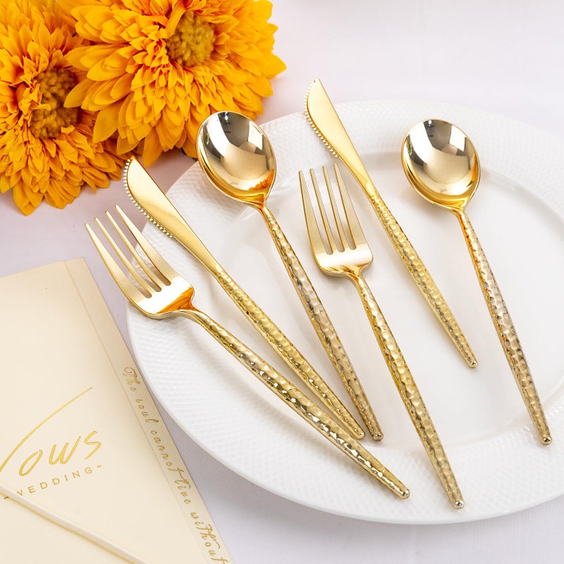 Rubtlamp 180 Pcs Gold Plastic Silverware - Disposable Plastic Utensils - Hammered Plastic Forks And Spoons - Gold Plastic Cutlery Set Include 60 Forks  60 Knives And 60 Spoons for Party - Image 4