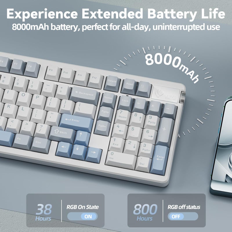 CORBOBO LEOBOG A98-96% Mechanical Keyboard Wireless, Tri-Mode BT5.0/2.4GHz/USB-C, Creamy Keyboard with Number Pad, Gasket Structure Hot Swappable, Custom Gaming Keyboard RGB Backlit with Knob for PC - Image 4