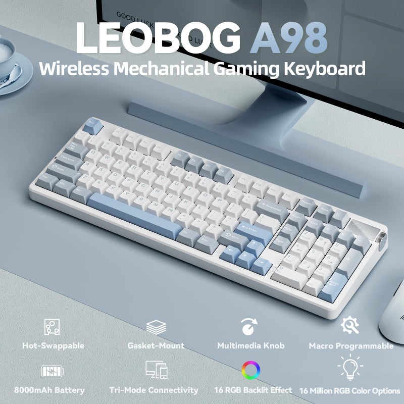 CORBOBO LEOBOG A98-96% Mechanical Keyboard Wireless, Tri-Mode BT5.0/2.4GHz/USB-C, Creamy Keyboard with Number Pad, Gasket Structure Hot Swappable, Custom Gaming Keyboard RGB Backlit with Knob for PC - Image 2