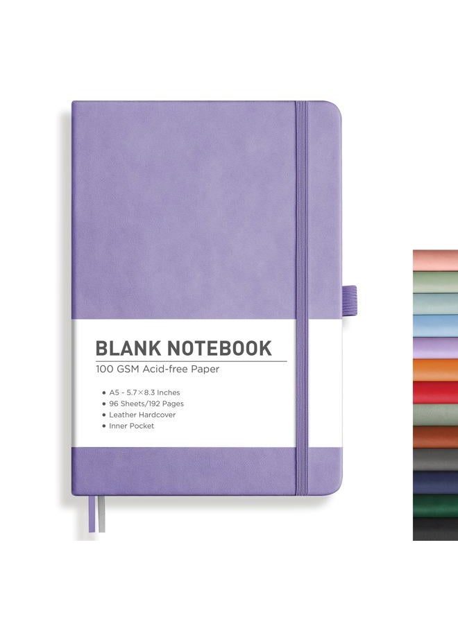 RETTACY Blank Journal Notebook, A5 Blank Journal with 192 Pages, 5.7'' × 8.3'' Medium Size, 68 LB/100 GSM Thick Paper, Leather Hardcover, for Sketching, Drawing, Painting (Purple) - Image 1