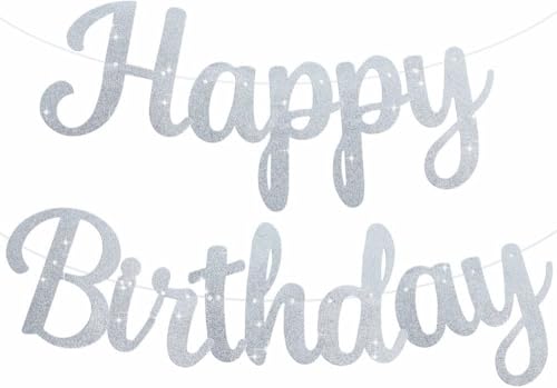BEISHIDA Happy Birthday Banner NO DIYSilver 10Feet PreStrungGlitter Birthday Sign Garland Backdrop Decorations for Women men Party - Image 1