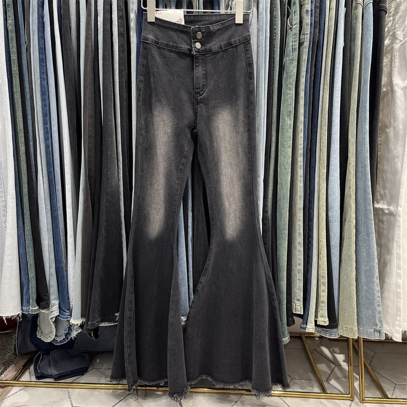 Vintage American-Style High-Waisted Flared Jeans For Women, 2025 Spring New Slim-Fit Stretchy Butt-Lifting Frayed Hem Floor-Length Pants - Image 1