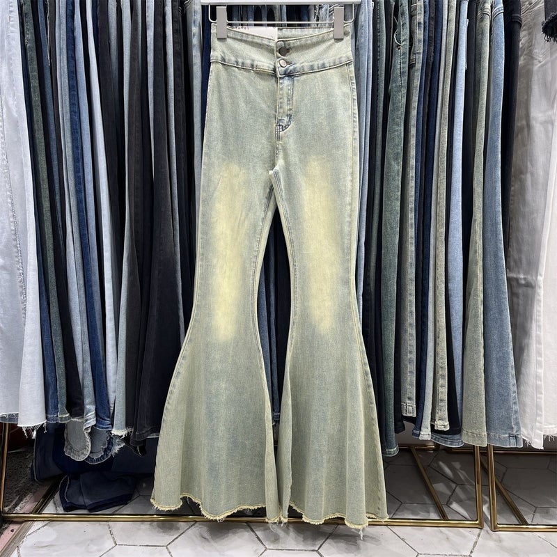 Vintage American-Style High-Waisted Flared Jeans For Women, 2025 Spring New Slim-Fit Stretchy Butt-Lifting Frayed Hem Floor-Length Pants - Image 3