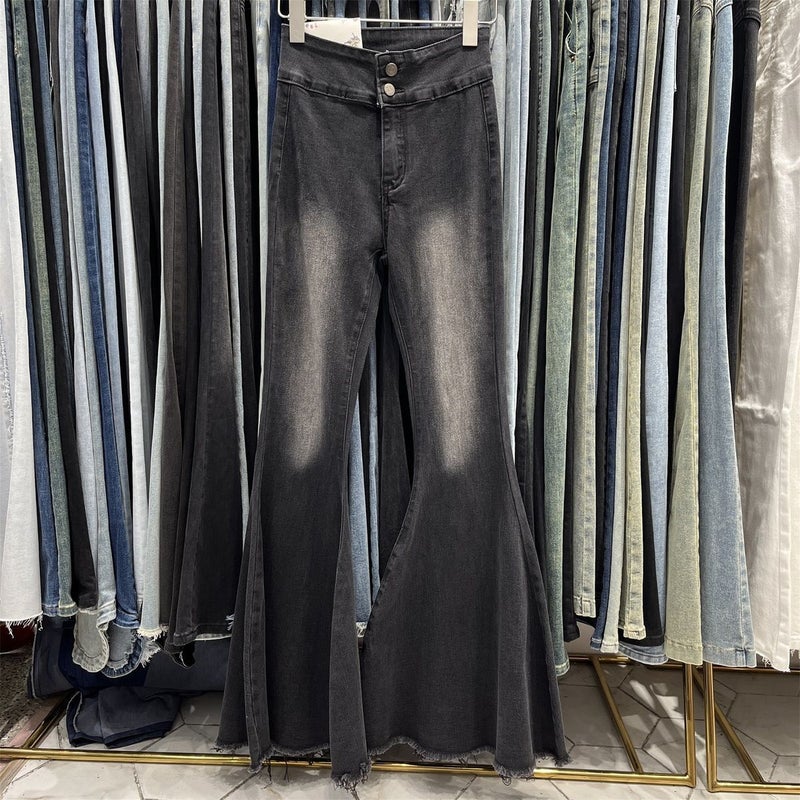 Vintage American-Style High-Waisted Flared Jeans For Women, 2025 Spring New Slim-Fit Stretchy Butt-Lifting Frayed Hem Floor-Length Pants - Image 4