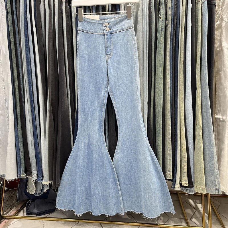 Vintage American-Style High-Waisted Flared Jeans For Women, 2025 Spring New Slim-Fit Stretchy Butt-Lifting Frayed Hem Floor-Length Pants - Image 2