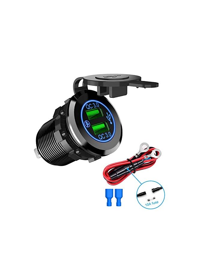 Nilight - 90103A Dual Usb Port Qc 3.0 Fast Charging Hubs Charger Socket Power Outlet 2.1A & X2 For Car Boat Marine Rv Mobile With Wire Fuse Diy Kit Lightly Blue Led, 2 Years Warranty - Image 2