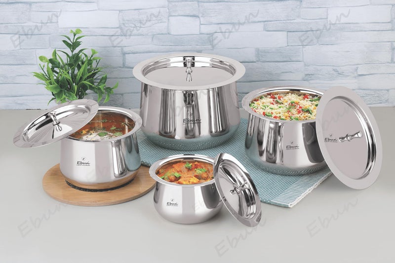 Ebun Heavy Gauge Stainless Steel Handi Set with Lid for Kitchen | Stainless Steel Tope Set with Lid | Handi Set for Biriyani | Steel Handi for Biryani | 350 Ml to 1800 Ml | Pack of 4 - Image 3