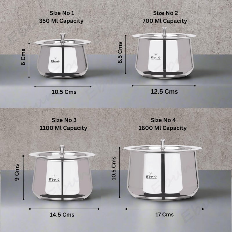 Ebun Heavy Gauge Stainless Steel Handi Set with Lid for Kitchen | Stainless Steel Tope Set with Lid | Handi Set for Biriyani | Steel Handi for Biryani | 350 Ml to 1800 Ml | Pack of 4 - Image 2