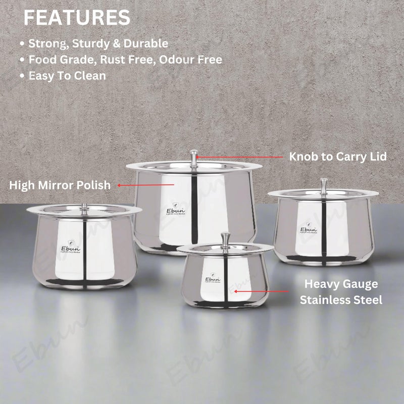 Ebun Heavy Gauge Stainless Steel Handi Set with Lid for Kitchen | Stainless Steel Tope Set with Lid | Handi Set for Biriyani | Steel Handi for Biryani | 350 Ml to 1800 Ml | Pack of 4 - Image 4