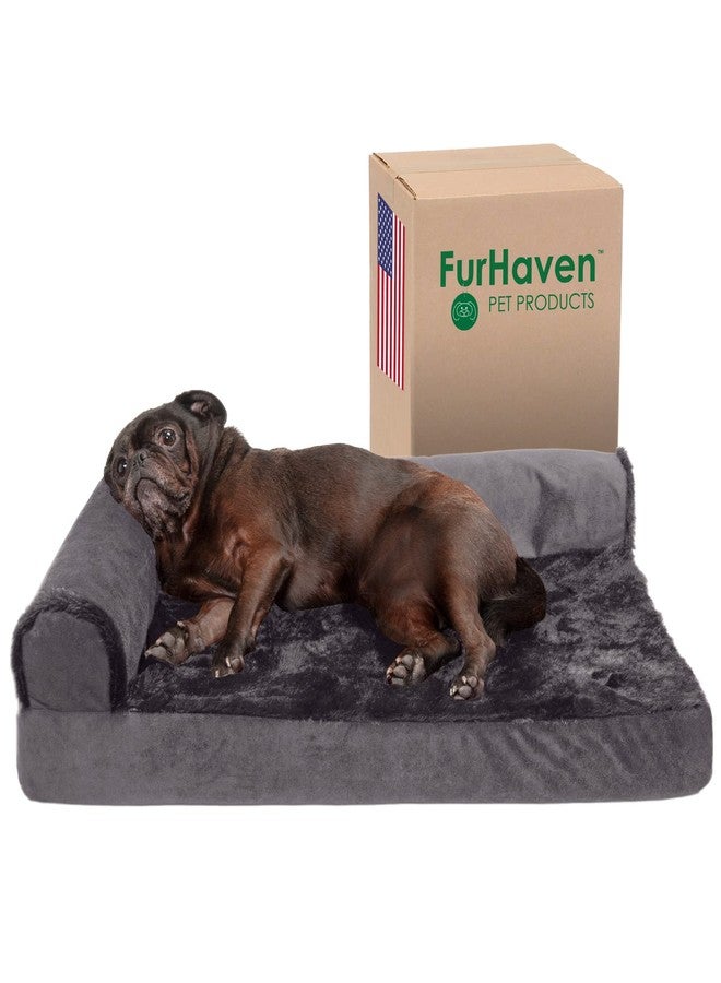 Furhaven Cooling Gel Dog Bed for Medium/Small Dogs w/ Removable Bolsters & Washable Cover, For Dogs Up to 35 lbs - Plush & Velvet L Shaped Chaise - Platinum Gray, Medium - Image 1