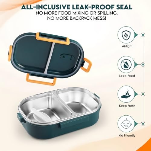 QLECT Kids Star Stainless Steel Lunch Box for Kids Adults, PUF Insulation Keeps Food Warm, Food Grade Bpa Free, 2 Compartments with Locking Lid and Steam Valve, Spill Leak Proof(700ml Printed Green) - Image 3