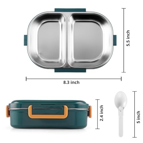 QLECT Kids Star Stainless Steel Lunch Box for Kids Adults, PUF Insulation Keeps Food Warm, Food Grade Bpa Free, 2 Compartments with Locking Lid and Steam Valve, Spill Leak Proof(700ml Printed Green) - Image 4