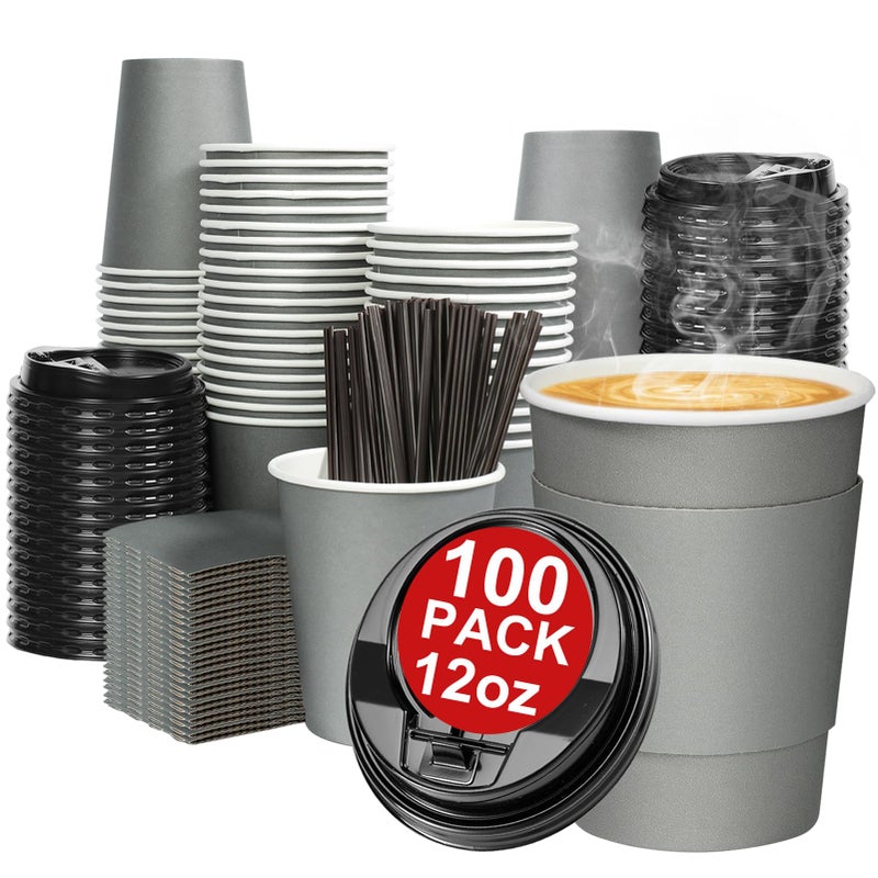 Clawsoff 100 Pack 12 oz Disposable Paper Coffee Cups with Lids and Sleeves and Stirring Sticks, Leak-free Disposable Insulated Paper Cups for To Go Hot or Cold Beverages(Gray) - Image 1
