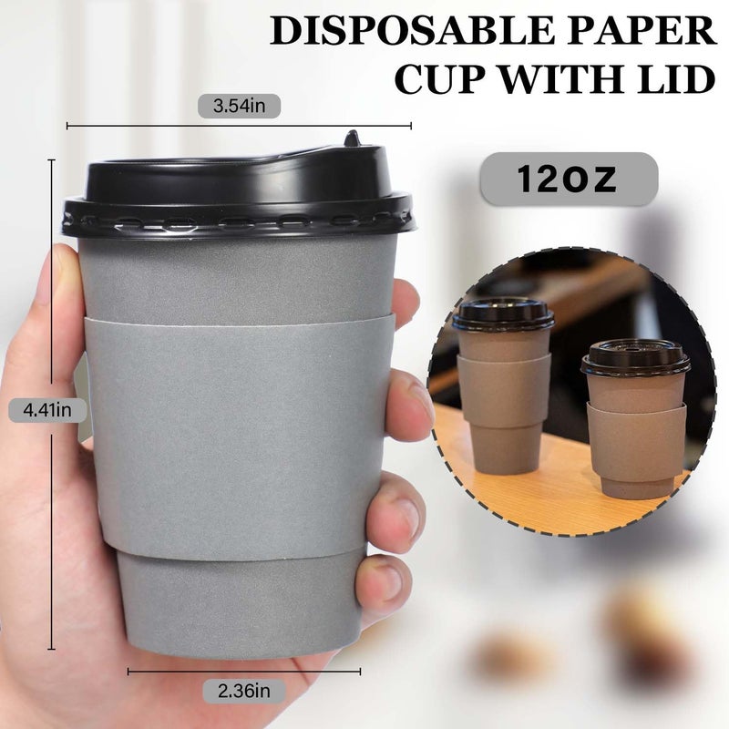 Clawsoff 100 Pack 12 oz Disposable Paper Coffee Cups with Lids and Sleeves and Stirring Sticks, Leak-free Disposable Insulated Paper Cups for To Go Hot or Cold Beverages(Gray) - Image 2