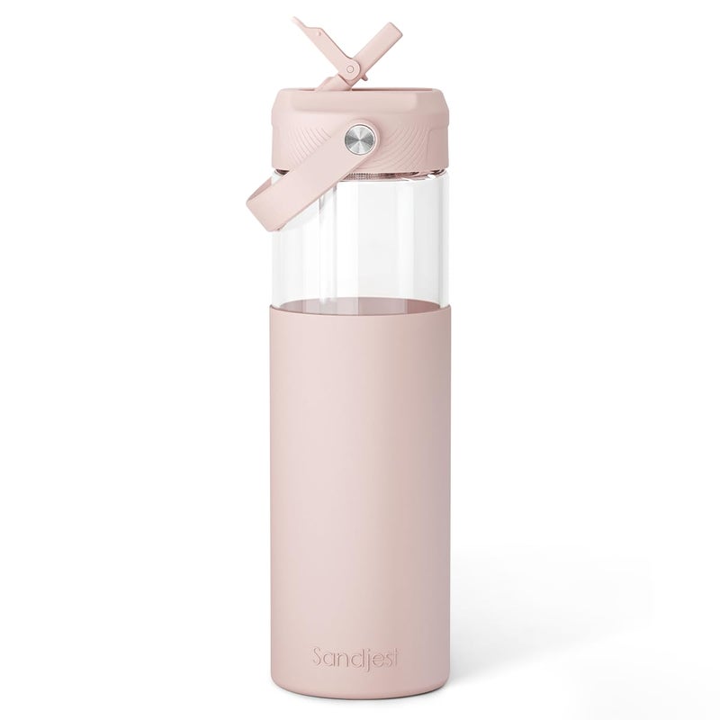SANDJEST Glass Water Bottle with Silicone Sleeve and Straw Lid 20oz for Girls Women, Glass Drinking Bottles for Travel Home Gym Sports (Warm Sand) - Image 1