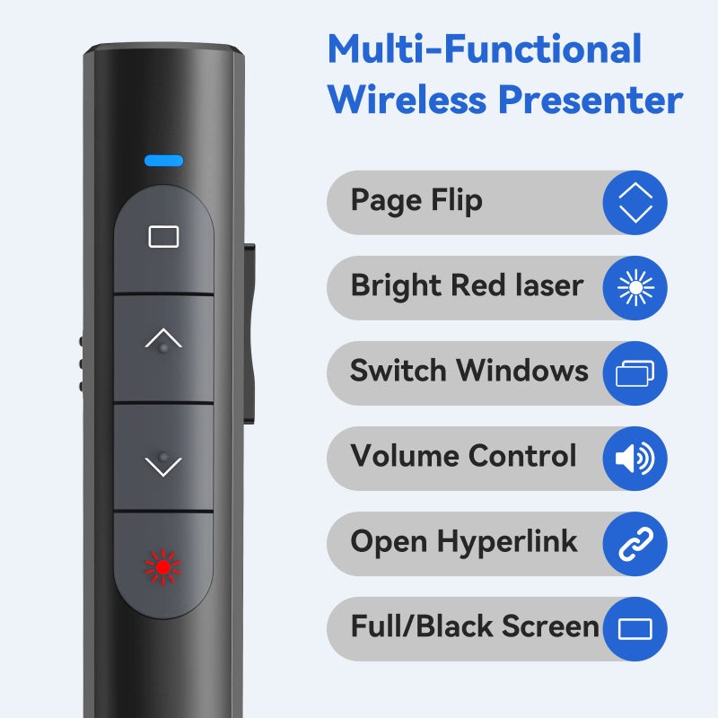 PPTSLID PowerPoint Clickers Wireless Presenter Remote, Presentation Clicker with Red Light, RF 2.4GHz USB Clicker for PowerPoint Presentations Slide Advancer with Volume Control for Mac/Laptop/Computer - Image 2