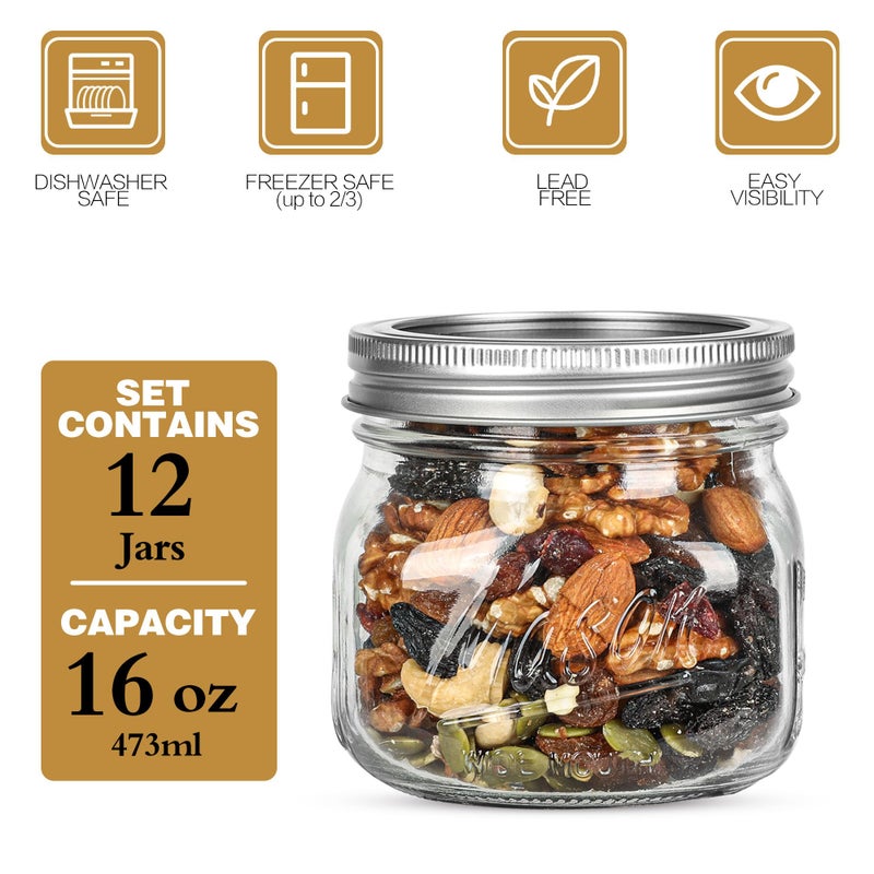 Ieavier 12PCS Wide Mouth Mason Jars 16oz with Airtight Lids and Bands, Canning Jars with Crystal Glass for Food Storage, Spice Jars, Canning, DIY Projects, Jam, Jelly, Honey, Preserving, Drinking - Image 2