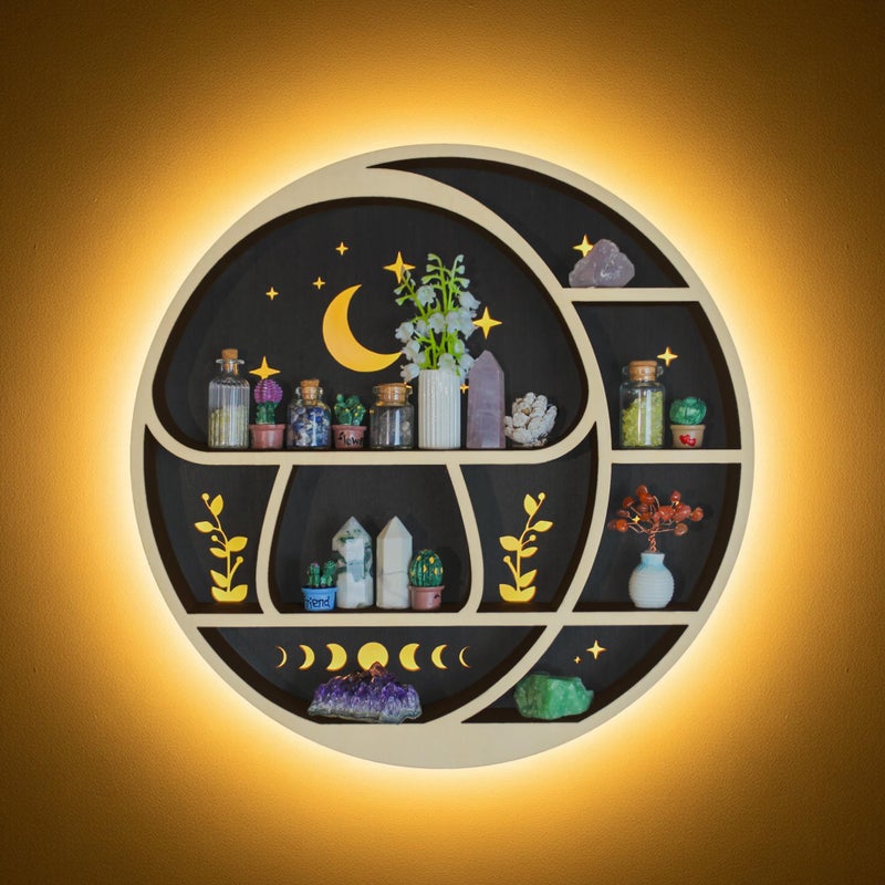 FNYDOX Circle Mushroom on The Moon Wall Shelf with LED Light, Wooden Trinket Knick Knack Shelf, Mushroom & Moon Decor Crystal Display Shelf for Rocks Gems Healing Stones, Cute Crystal Holder Organizer - Image 1