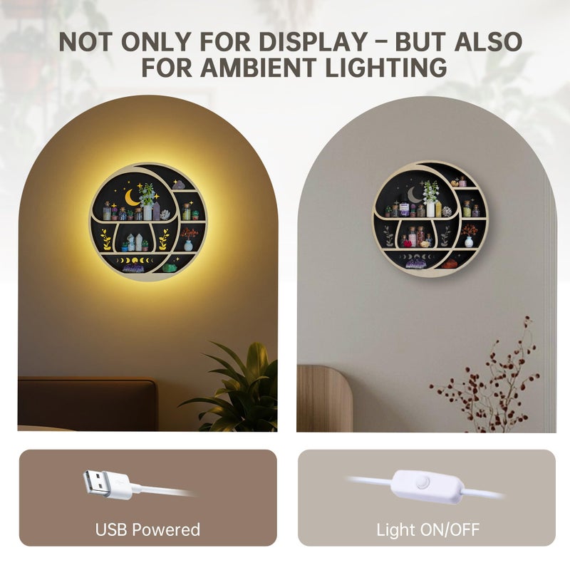 FNYDOX Circle Mushroom on The Moon Wall Shelf with LED Light, Wooden Trinket Knick Knack Shelf, Mushroom & Moon Decor Crystal Display Shelf for Rocks Gems Healing Stones, Cute Crystal Holder Organizer - Image 4