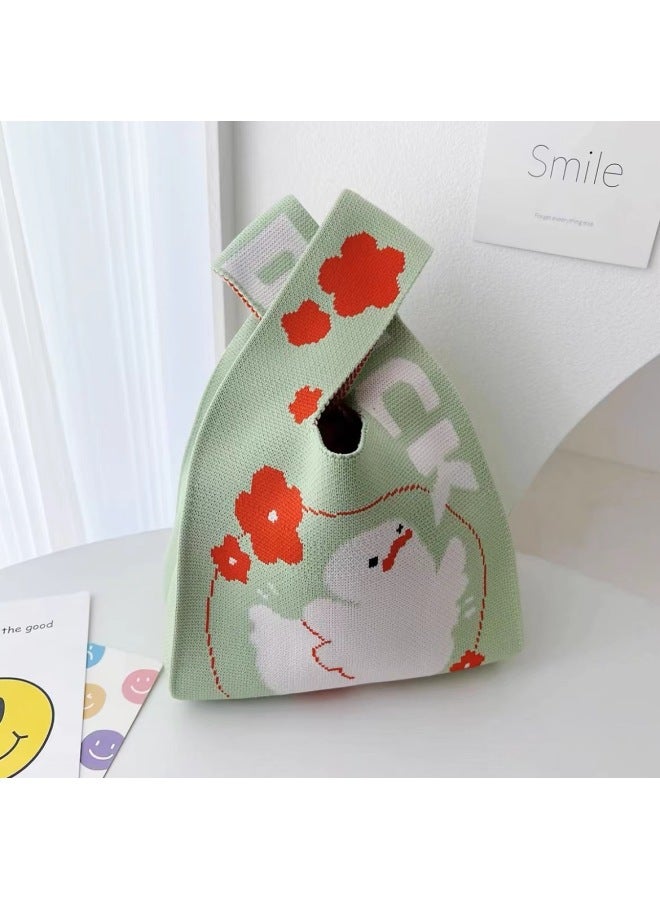2024 Spring And Summer Korean Style Large Capacity Small Bag Knitted Bag Fashionable Cartoon Handbag Casual Tote Bag For Women-Color:Green Flower Duck-Dimensions:20*36 - Image 1