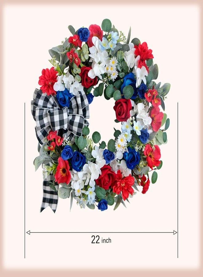 idyllic 22 Inch Patriotic Wreath 4th of July Wreaths for Front Door Red White and Blue Wreath Artificial Roses Hydrangea and Plaid Bow for Memorial Independence Day Spring Indoor Outdoor Decorations - Image 3