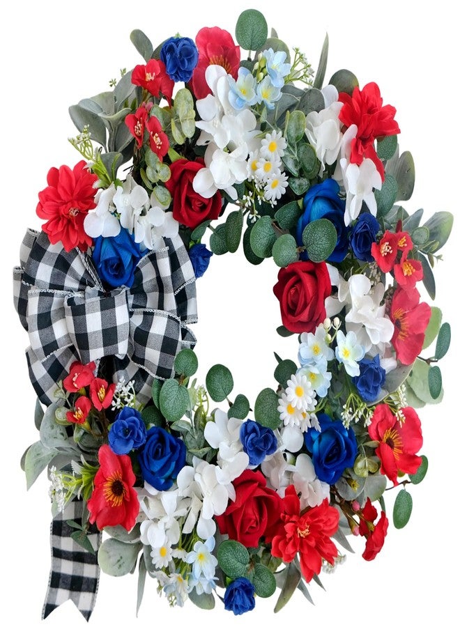 idyllic 22 Inch Patriotic Wreath 4th of July Wreaths for Front Door Red White and Blue Wreath Artificial Roses Hydrangea and Plaid Bow for Memorial Independence Day Spring Indoor Outdoor Decorations - Image 1