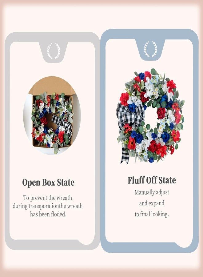 idyllic 22 Inch Patriotic Wreath 4th of July Wreaths for Front Door Red White and Blue Wreath Artificial Roses Hydrangea and Plaid Bow for Memorial Independence Day Spring Indoor Outdoor Decorations - Image 4