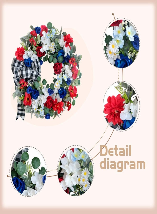 idyllic 22 Inch Patriotic Wreath 4th of July Wreaths for Front Door Red White and Blue Wreath Artificial Roses Hydrangea and Plaid Bow for Memorial Independence Day Spring Indoor Outdoor Decorations - Image 2