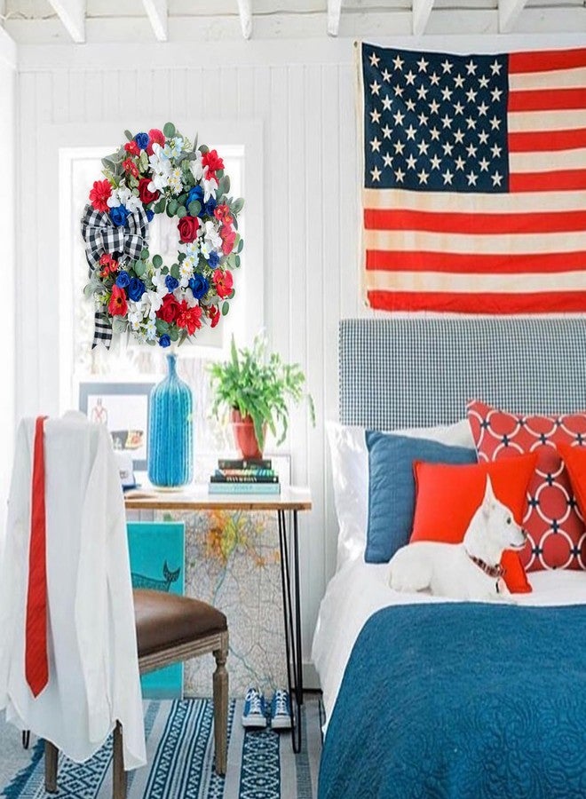 idyllic 22 Inch Patriotic Wreath 4th of July Wreaths for Front Door Red White and Blue Wreath Artificial Roses Hydrangea and Plaid Bow for Memorial Independence Day Spring Indoor Outdoor Decorations - Image 5