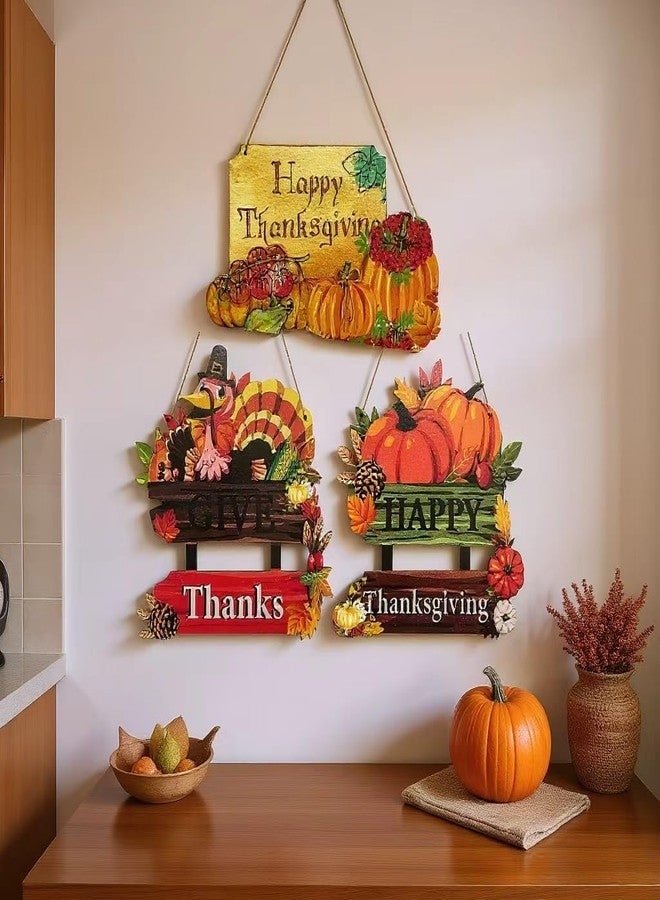 OperSeven 3 Pieces Thanksgiving Decoration Wooden Turkey Pumpkin Door Wreath for Front Door Sign Wall Signs Thanksgiving Pumpkin Front Door Hanger Turkey Wooden Door Decor for Thanksgiving Party Fall Harvest Home Decoration - Image 3