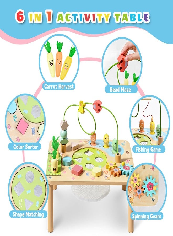 wingyz Activity Table, 6 in 1 Wooden Montessori Activity Center with Bead Maze Shape Sorter Fishing Game, Kids Sensory Play Table Toddler Toys 1st Birthday Gifts Boy Girl(Morandi-Square) - Image 2