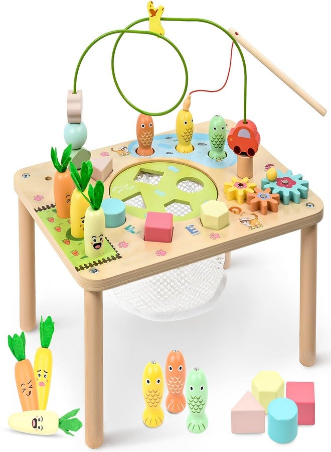 wingyz Activity Table, 6 in 1 Wooden Montessori Activity Center with Bead Maze Shape Sorter Fishing Game, Kids Sensory Play Table Toddler Toys 1st Birthday Gifts Boy Girl(Morandi-Square) - Image 1