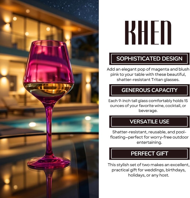 Khen Unbreakable Hot Pink Wine Glasses, Pool Floating | Set of 2 | Tritan Drinkware, Unbreakable Colored Magenta & Blush Pink Classic, Glasses Shatterproof BPA-free plastic Red & White 15oz - Image 5