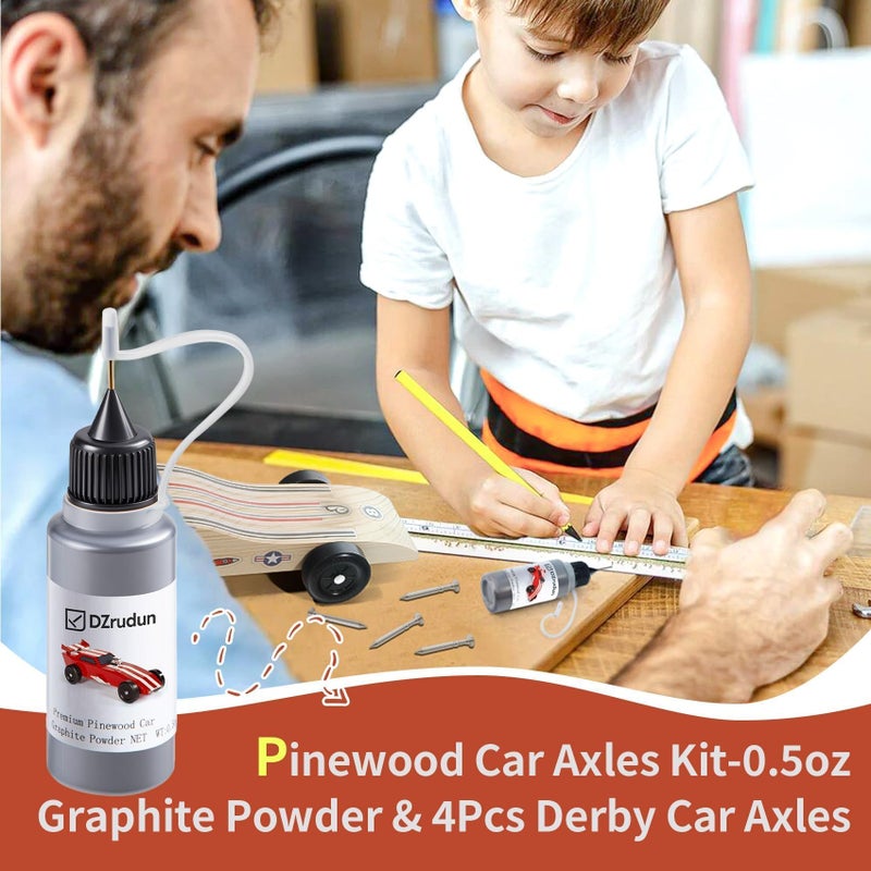DZrudun Pinewood Car Axles Kitâ€“4pcs Polished Grooved Axles+ 0.5oz Graphite Powder-Eliminates Friction & Wheel Wobble-Graphite Lubricant for Derby Car Pine Derby Wheels Axles Speed, Derby Car Accessory - Image 4