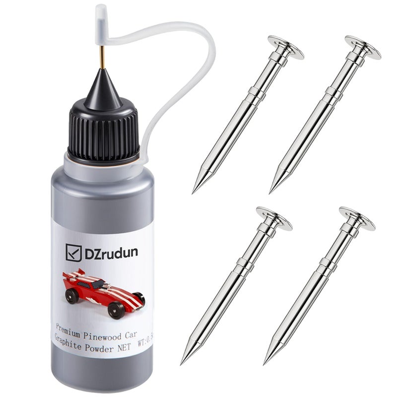 DZrudun Pinewood Car Axles Kitâ€“4pcs Polished Grooved Axles+ 0.5oz Graphite Powder-Eliminates Friction & Wheel Wobble-Graphite Lubricant for Derby Car Pine Derby Wheels Axles Speed, Derby Car Accessory - Image 1