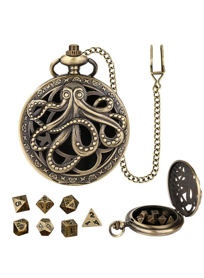 Knana Knana DND Dice Set with Polyhedral Metal Mini DND Dice Octopus Pocket Watch Case DND Gifts DND Game Accessories (Bronze)  - Image 1