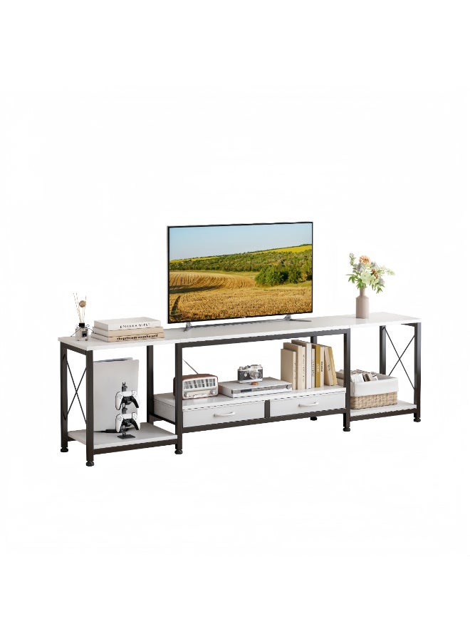 Canadel TV Stand with 2 Fabric Drawers & Open Storage, Rustic White Finish, TV Cabinet for Home Living Room, Entertainment Center - Image 1
