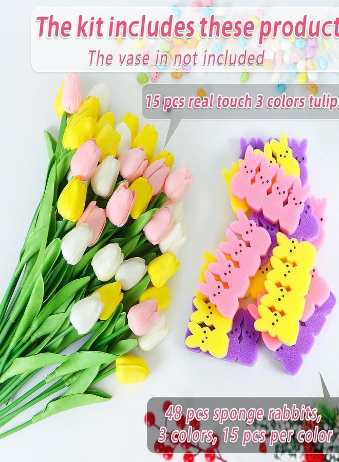 Shitailu Easter Decorations - Easter Little Bunnies Decor - 15 pcs Artificial Tulips with 48 pcs Bunnies Vase Filler Set, Spring Home Decoration Centerpieces for Tables, NO VASE - Image 4