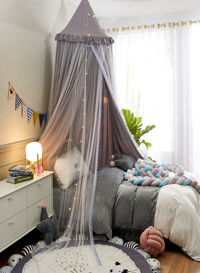 VETHIN Bed Canopy for with Lights,Double Layer Princess Round Dome Dreamy Mosquito Net Bedding Girls Room Castle Play Tent Hanging House Decor Reading Nook Canopies(Gray/White) - Image 3