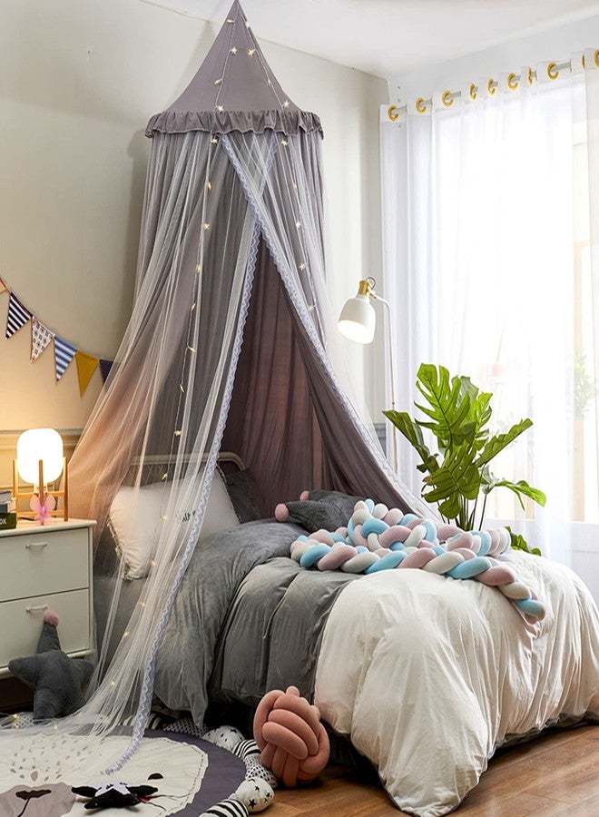 VETHIN Bed Canopy for with Lights,Double Layer Princess Round Dome Dreamy Mosquito Net Bedding Girls Room Castle Play Tent Hanging House Decor Reading Nook Canopies(Gray/White) - Image 1