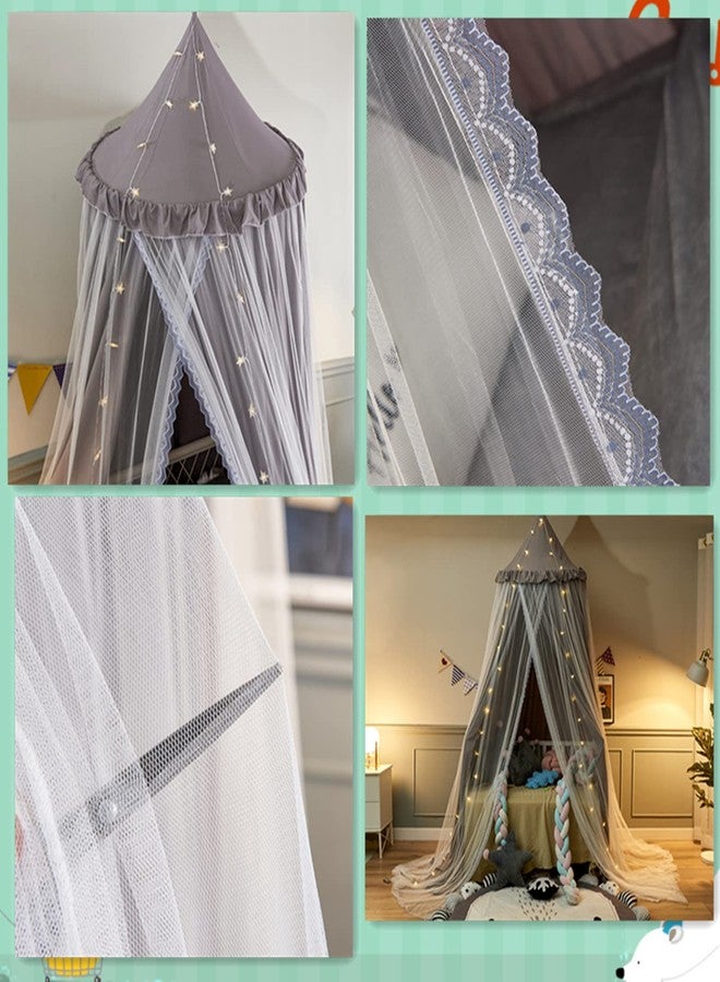 VETHIN Bed Canopy for with Lights,Double Layer Princess Round Dome Dreamy Mosquito Net Bedding Girls Room Castle Play Tent Hanging House Decor Reading Nook Canopies(Gray/White) - Image 4