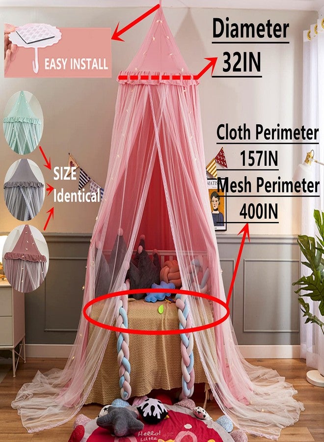 VETHIN Bed Canopy for with Lights,Double Layer Princess Round Dome Dreamy Mosquito Net Bedding Girls Room Castle Play Tent Hanging House Decor Reading Nook Canopies(Gray/White) - Image 2